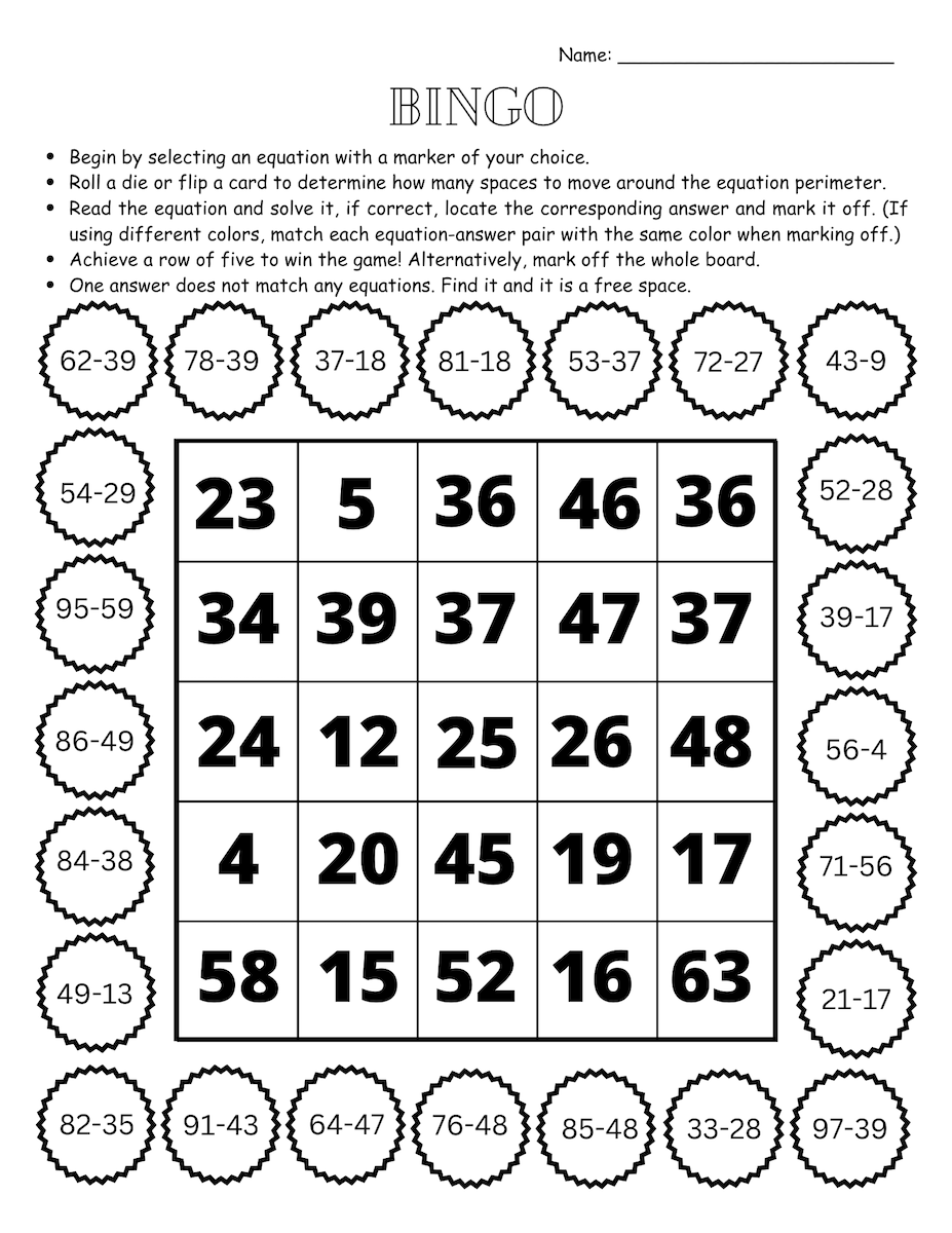 Double Digit Subtraction Games